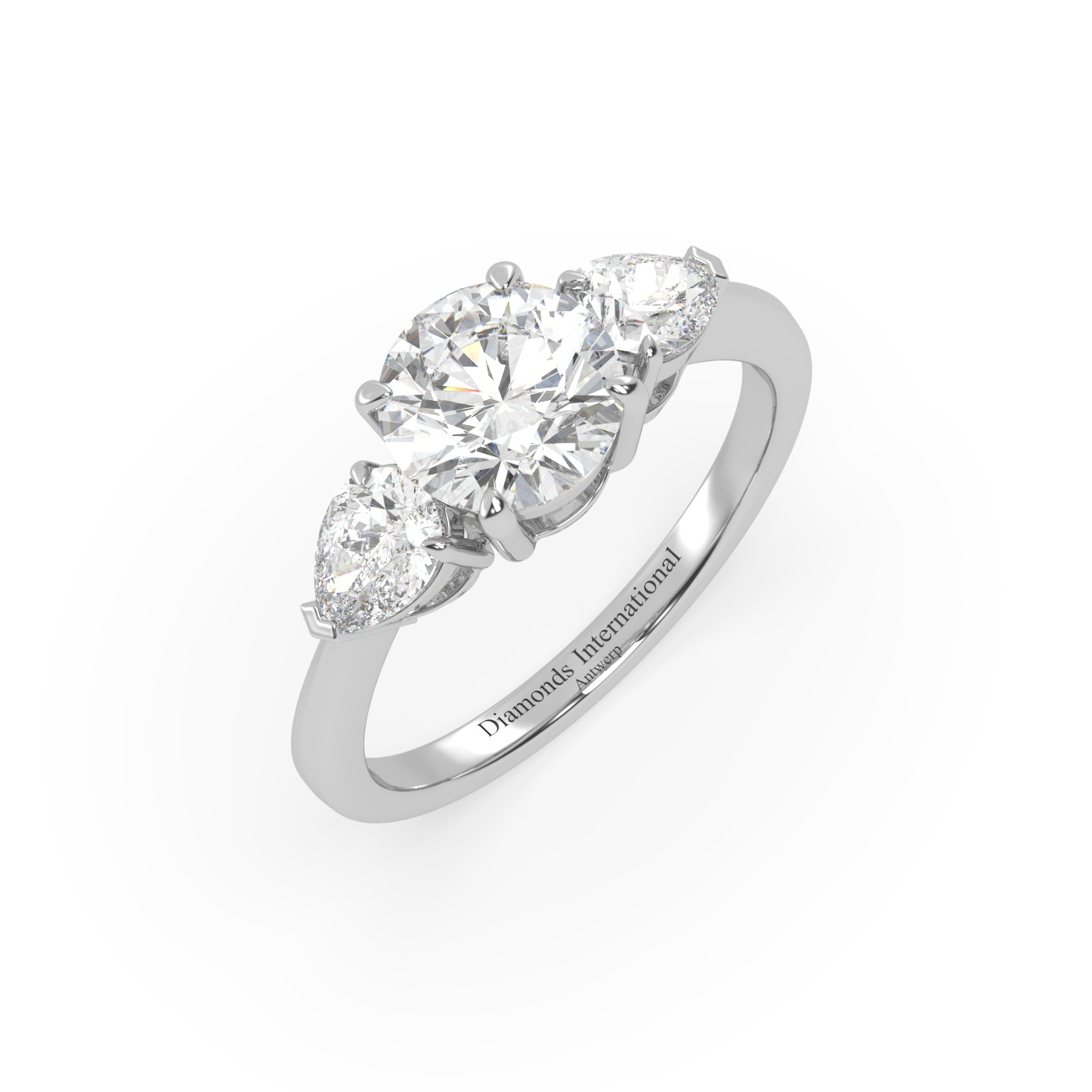 18k white gold  round & pear cut 3 stone diamond engagement  ring