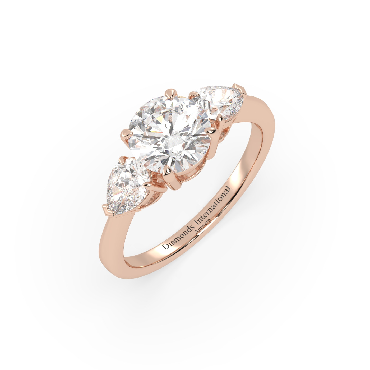 18k rose gold  round & pear cut 3 stone diamond engagement  ring