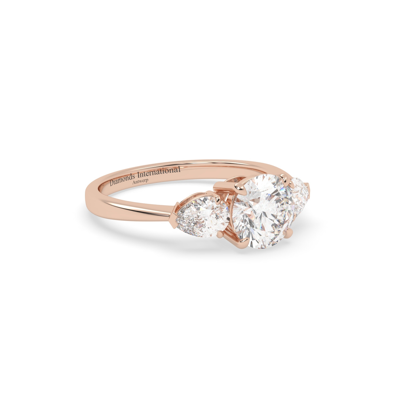 18k rose gold  round & pear cut 3 stone diamond engagement  ring