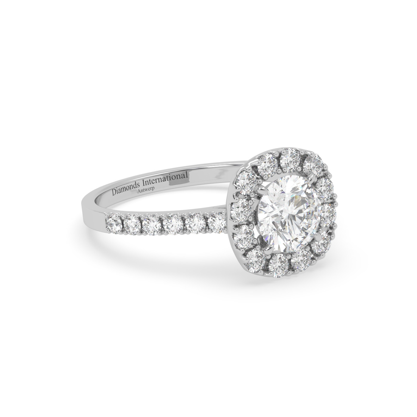 18k white gold  round cut halo diamond engagament ring with pave band