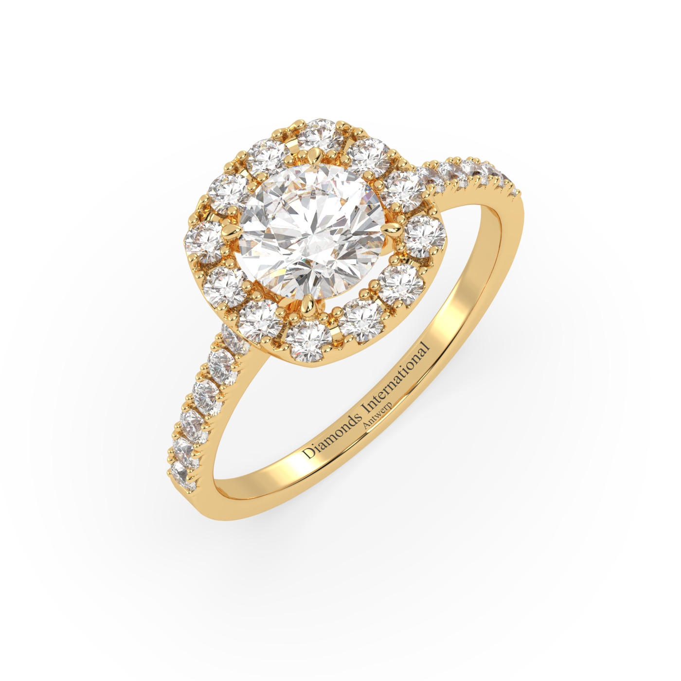 18k yellow gold  round cut halo diamond engagament ring with pave band