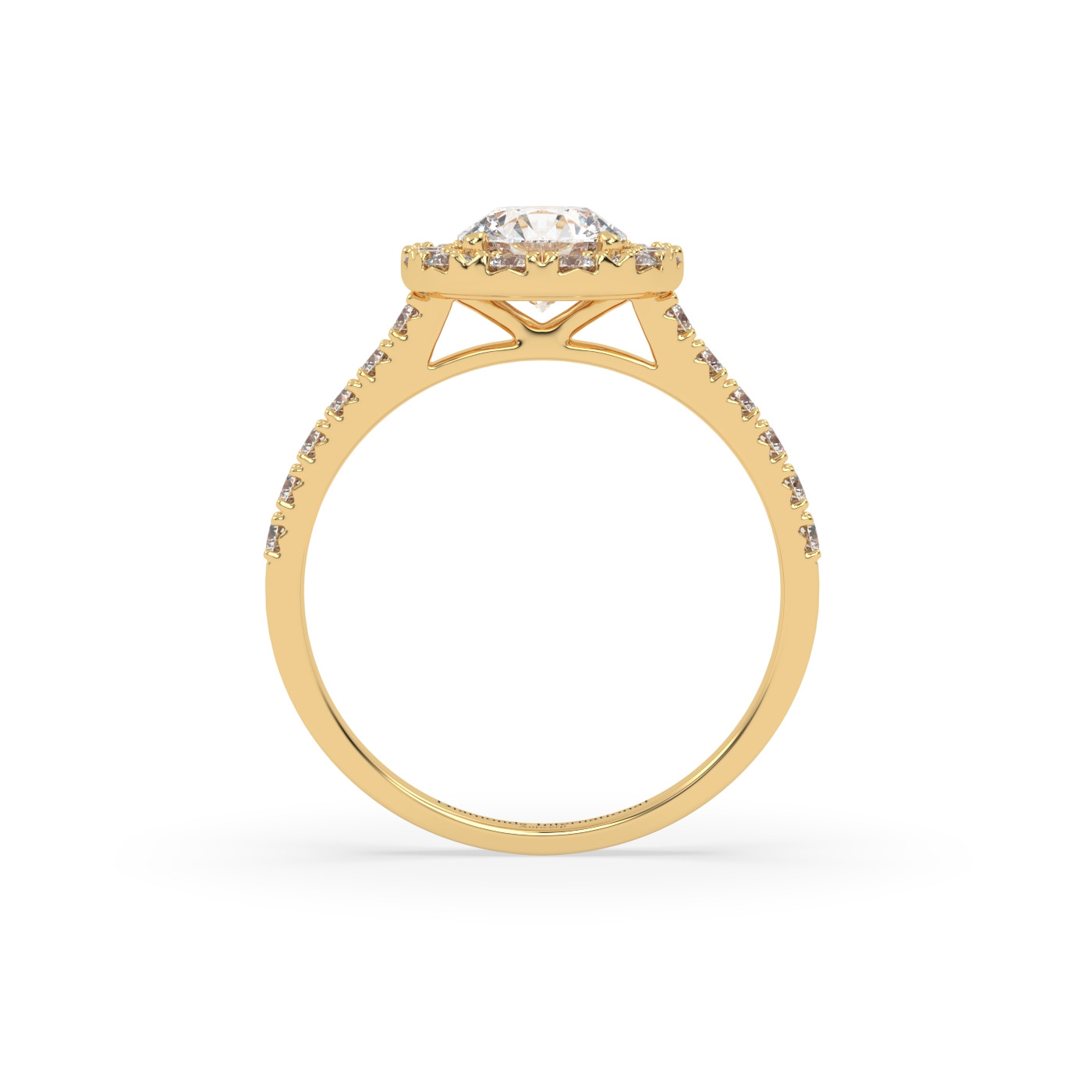 18k yellow gold  round cut halo diamond engagament ring with pave band