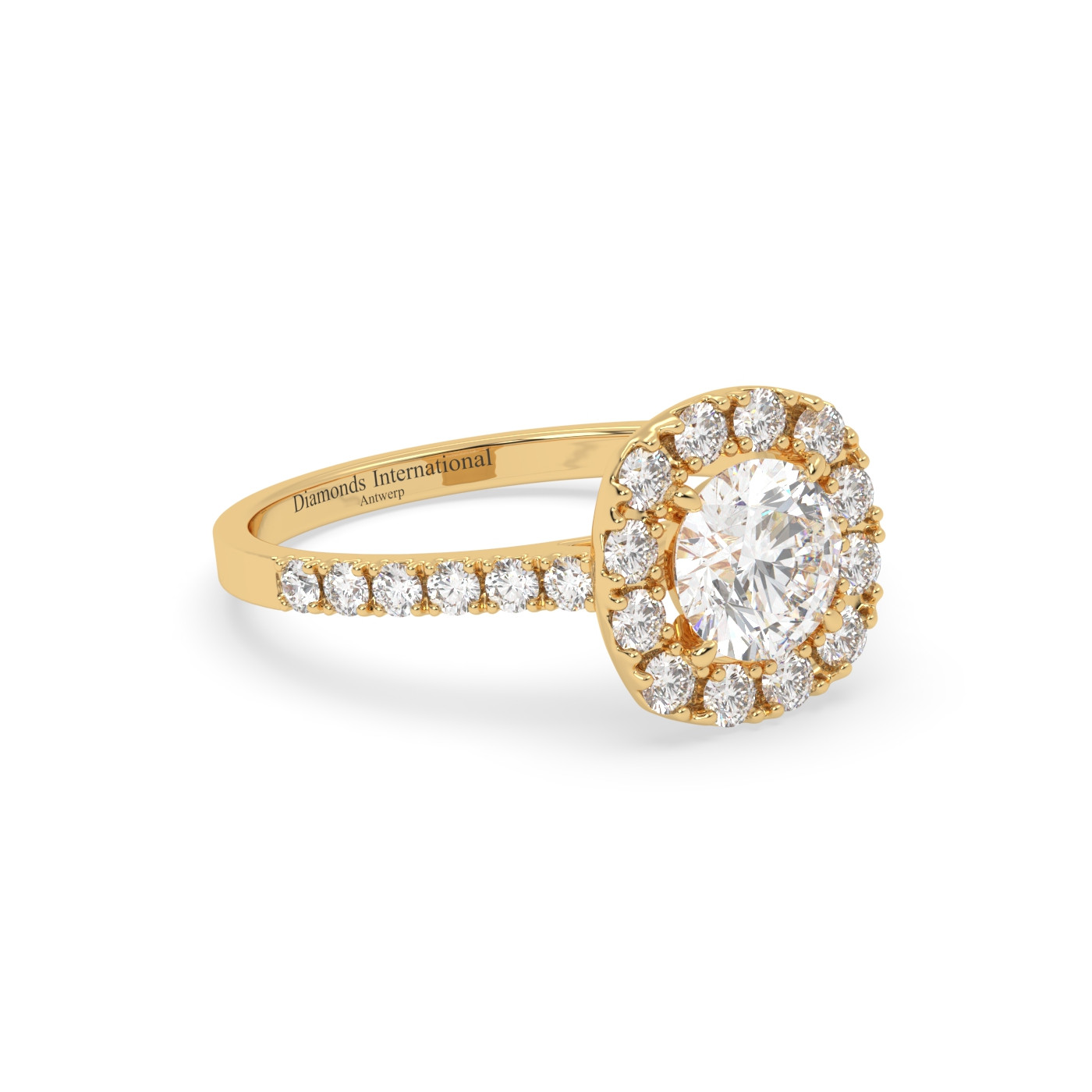 18k yellow gold  round cut halo diamond engagament ring with pave band