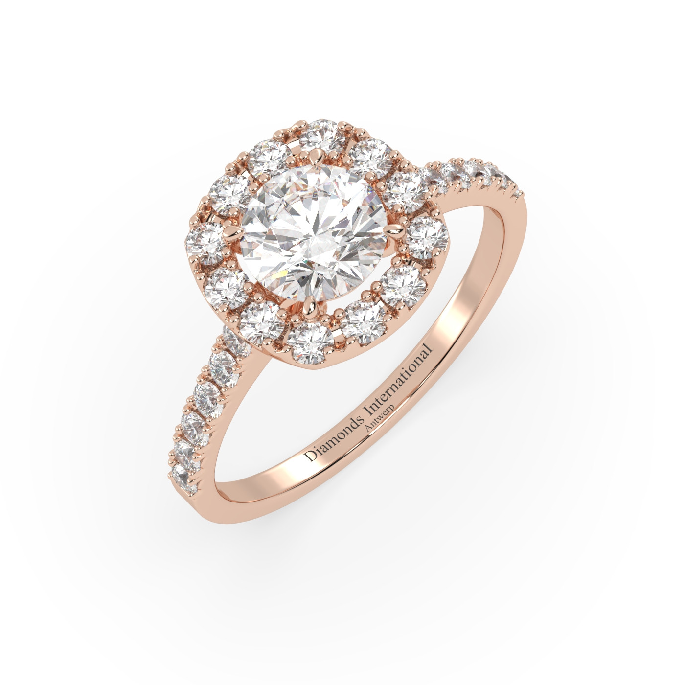 18k rose gold  round cut halo diamond engagament ring with pave band