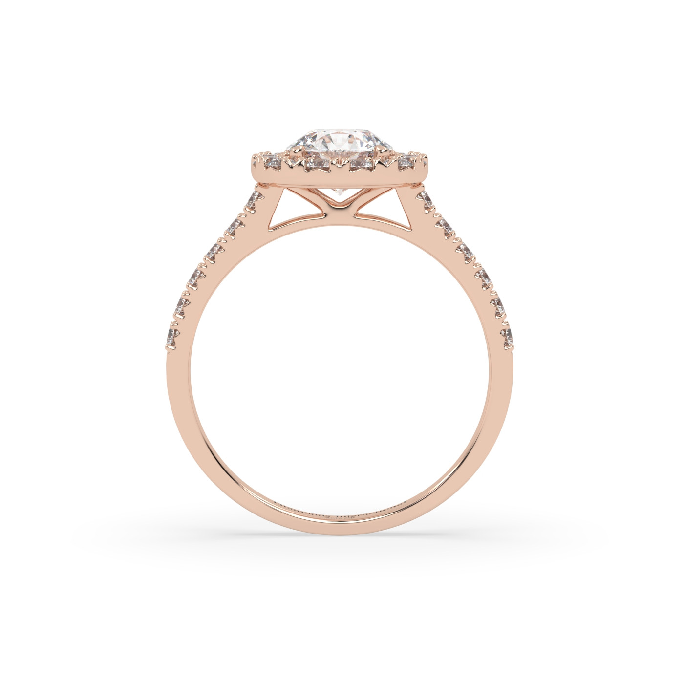 18k rose gold  round cut halo diamond engagament ring with pave band