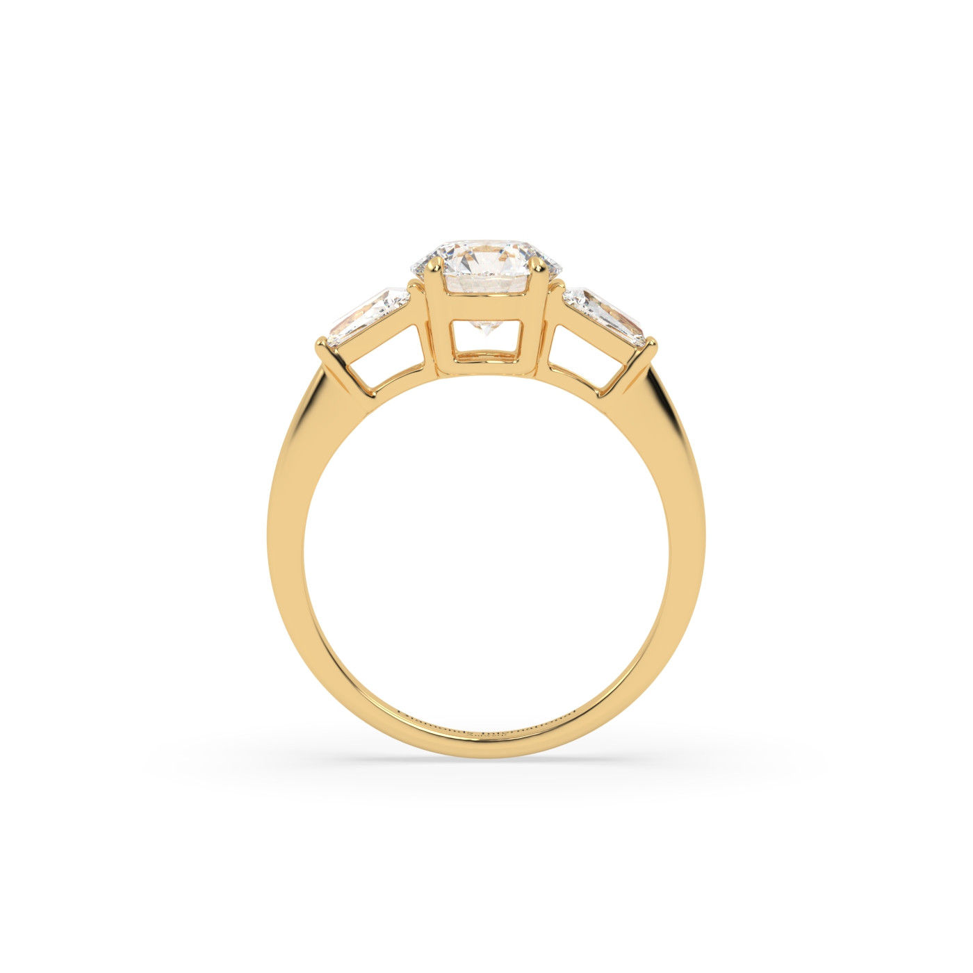 18k yellow gold  round & baguette cut 3 stone diamond engagement ring