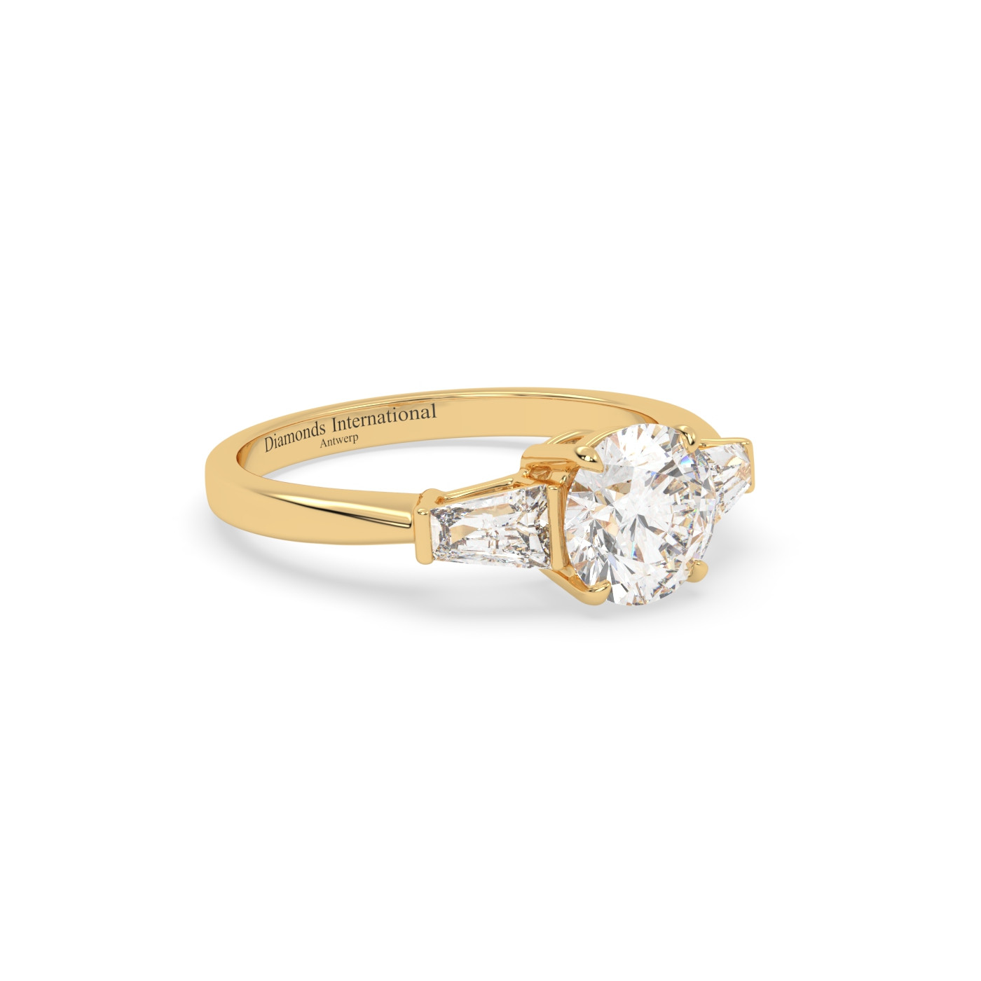 18k yellow gold  round & baguette cut 3 stone diamond engagement ring