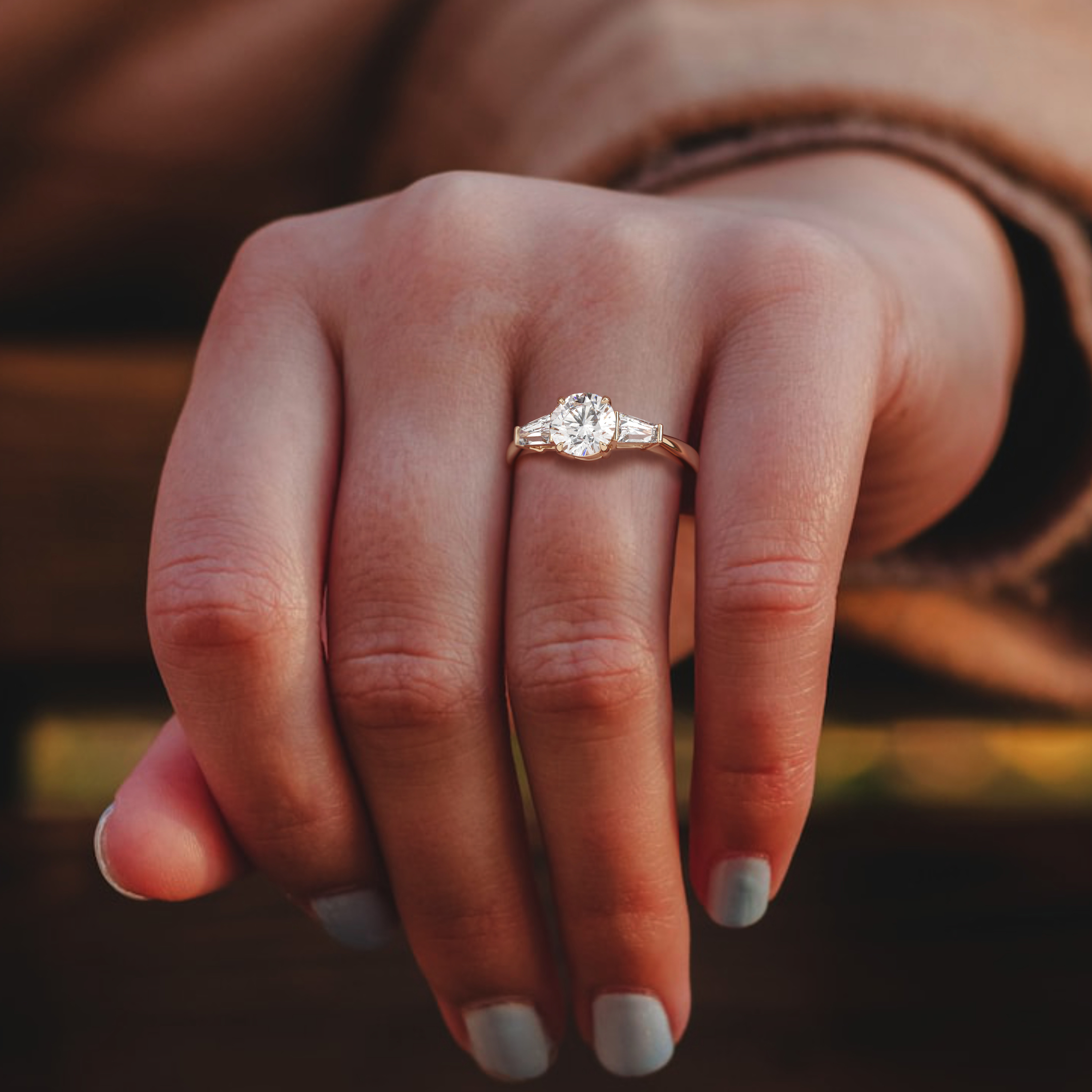 18k yellow gold  round & baguette cut 3 stone diamond engagement ring