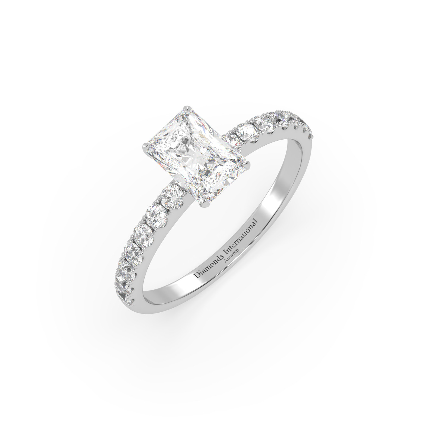 18k white gold  radiant diamond engagament ring with pave band