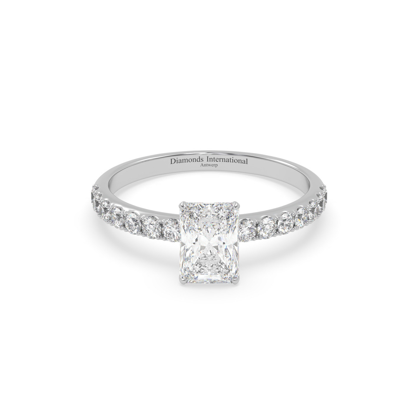 18k white gold  radiant diamond engagament ring with pave band