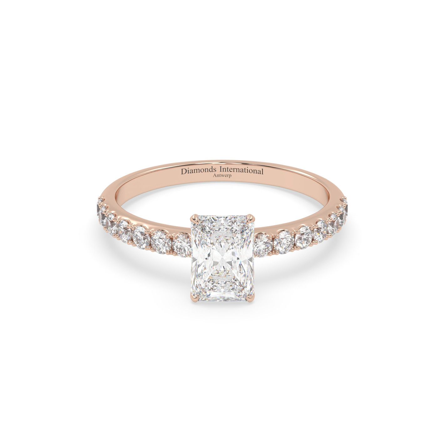 18k rose gold  radiant diamond engagament ring with pave band