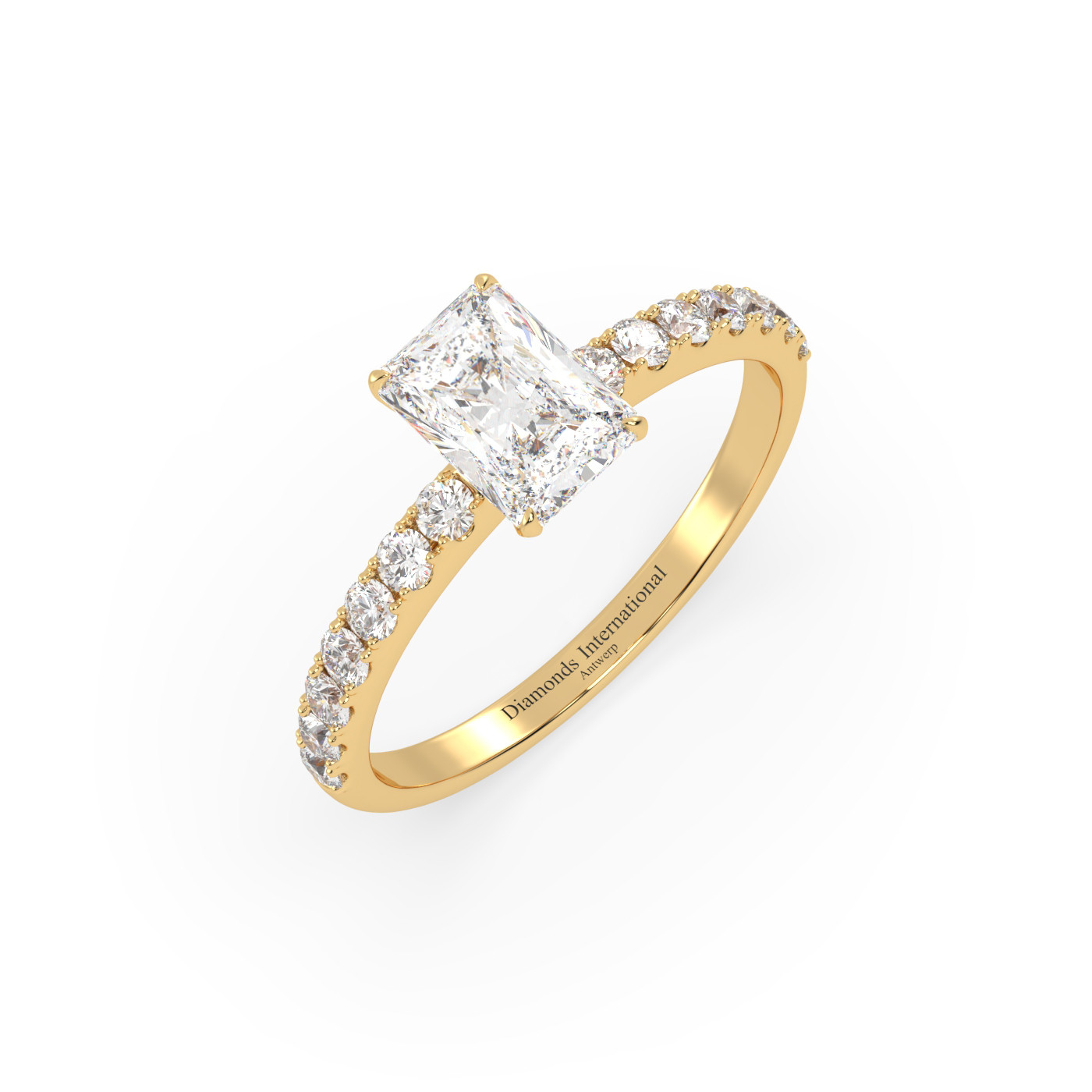 18k yellow gold  radiant diamond engagament ring with pave band