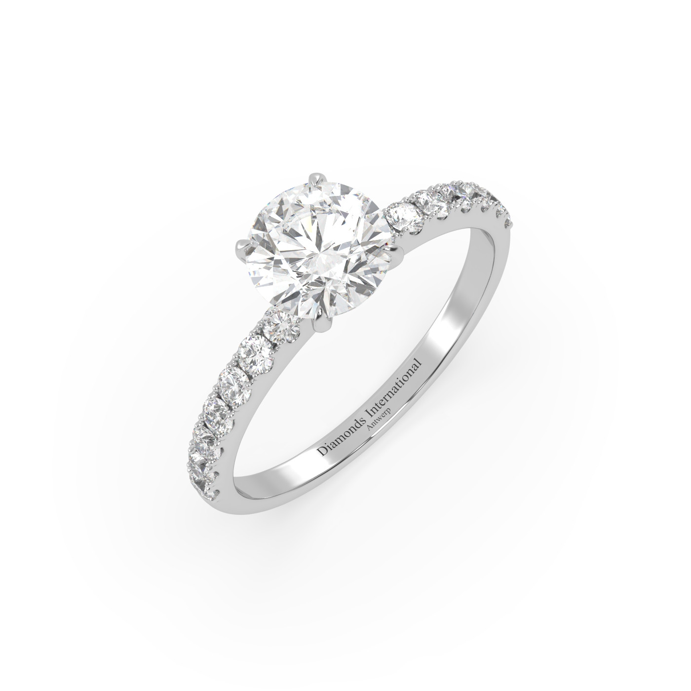 18k white gold  round diamond engagament ring with pave band