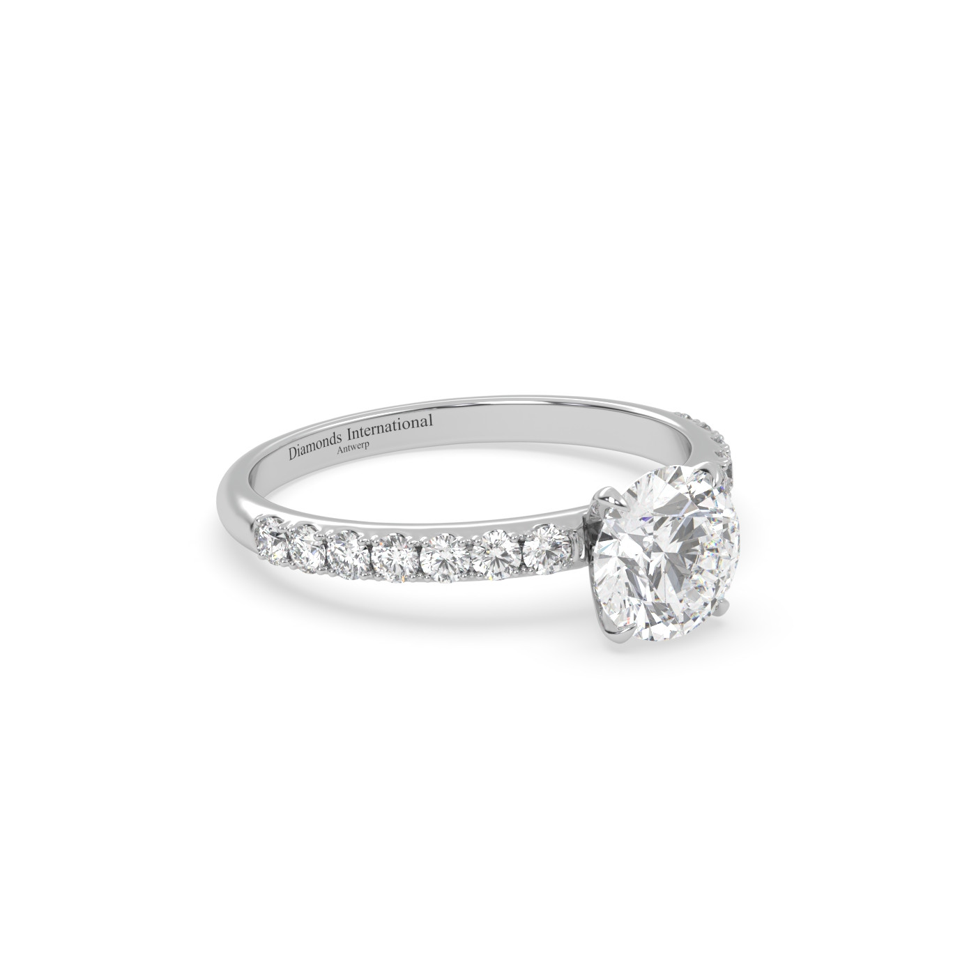 18k white gold  round diamond engagament ring with pave band