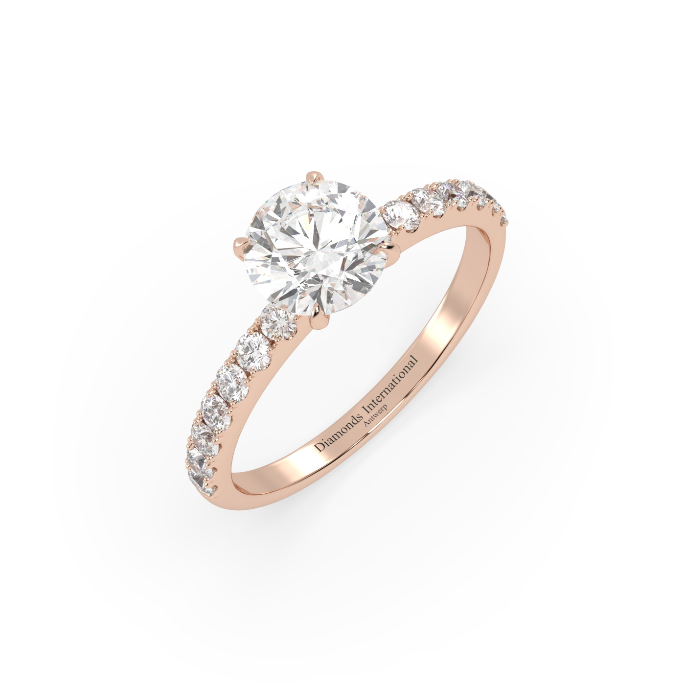 18k rose gold  round diamond engagament ring with pave band