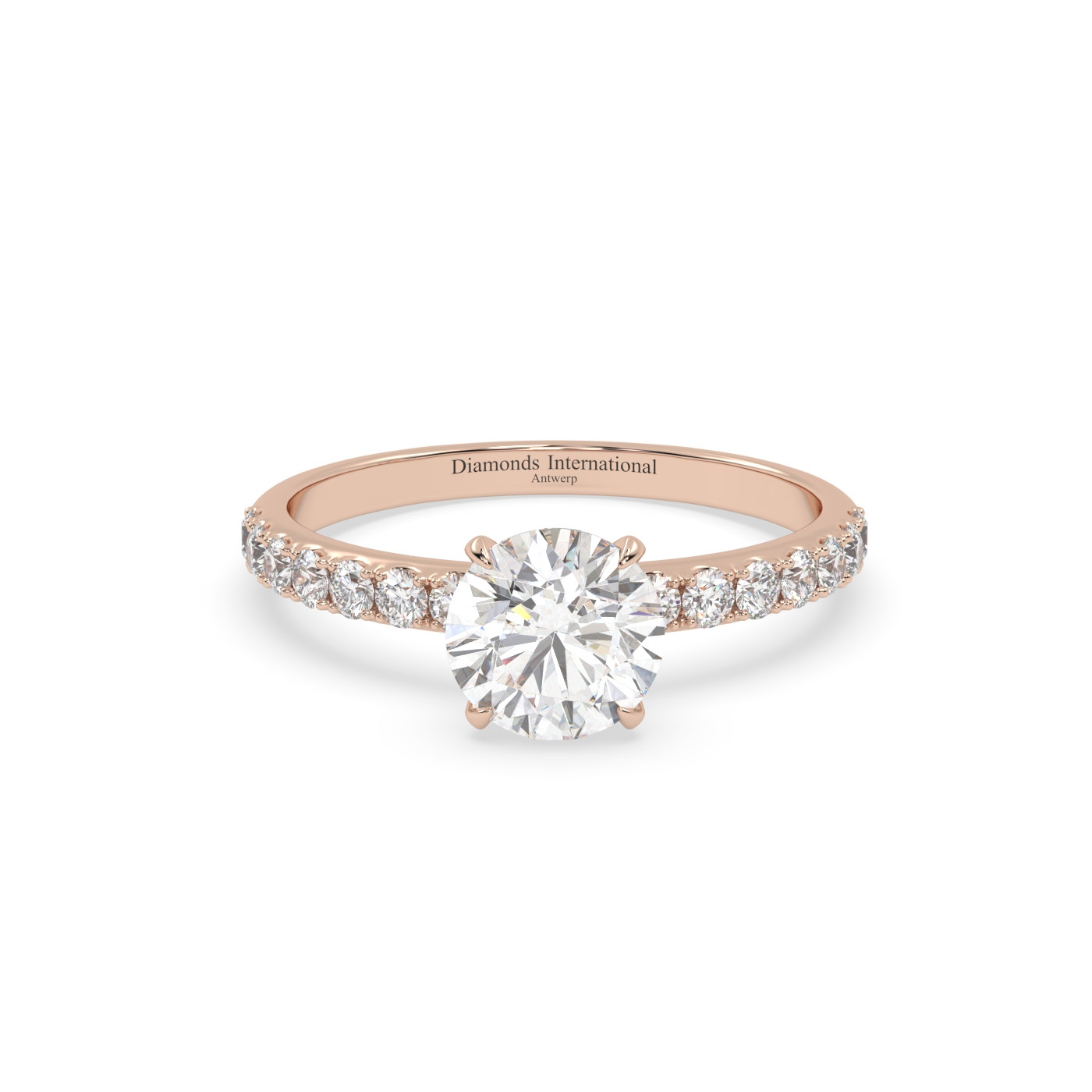 18k rose gold  round diamond engagament ring with pave band