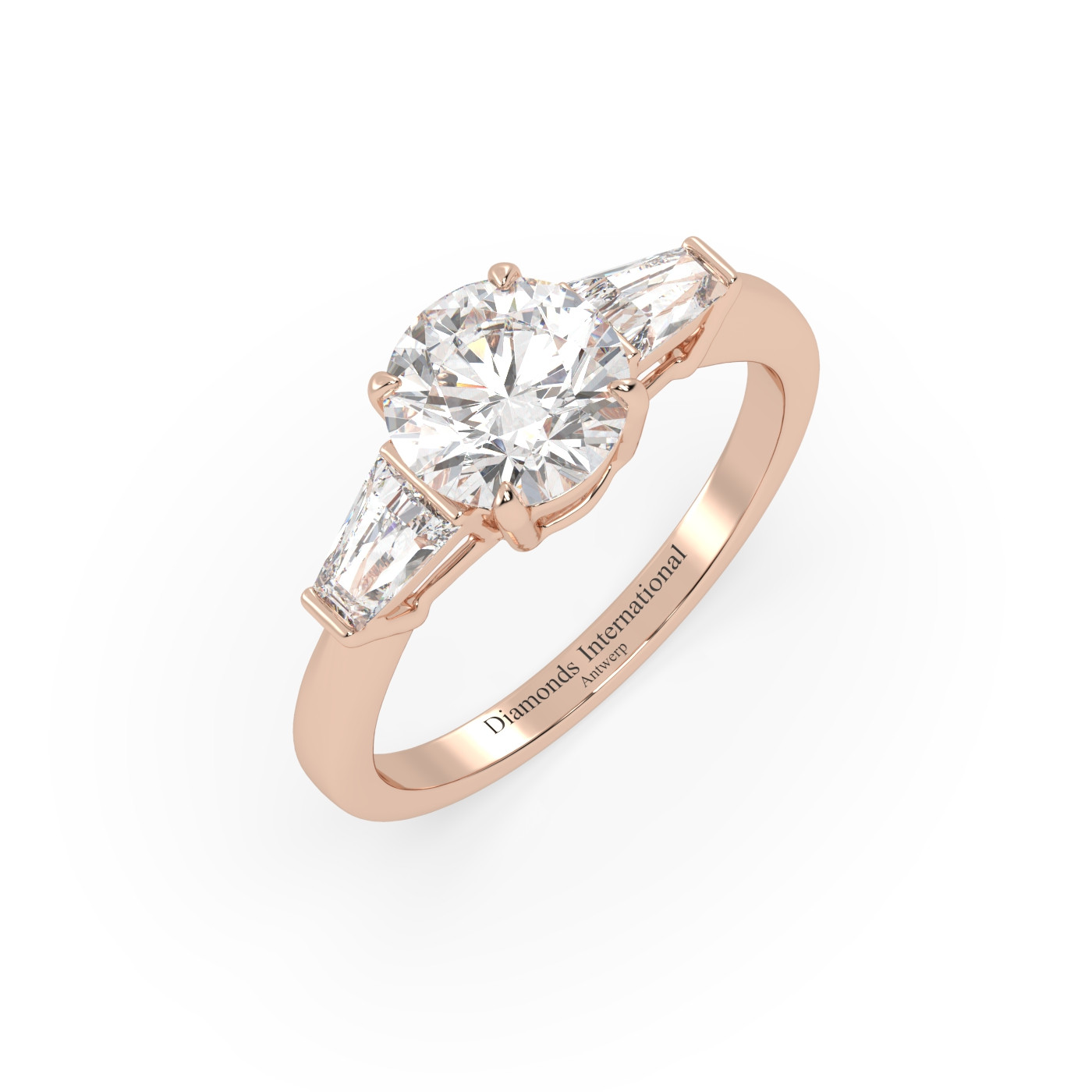 18k rose gold  round & baguette cut 3 stone diamond engagement ring