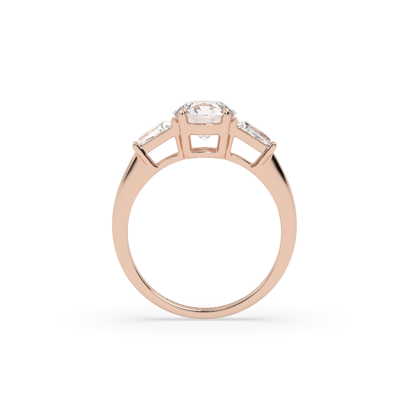 18k rose gold  round & baguette cut 3 stone diamond engagement ring