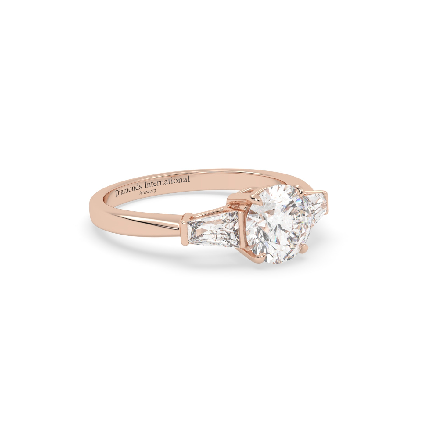 18k rose gold  round & baguette cut 3 stone diamond engagement ring