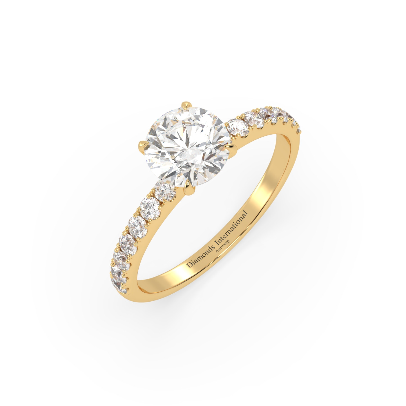 18k yellow gold  round diamond engagament ring with pave band