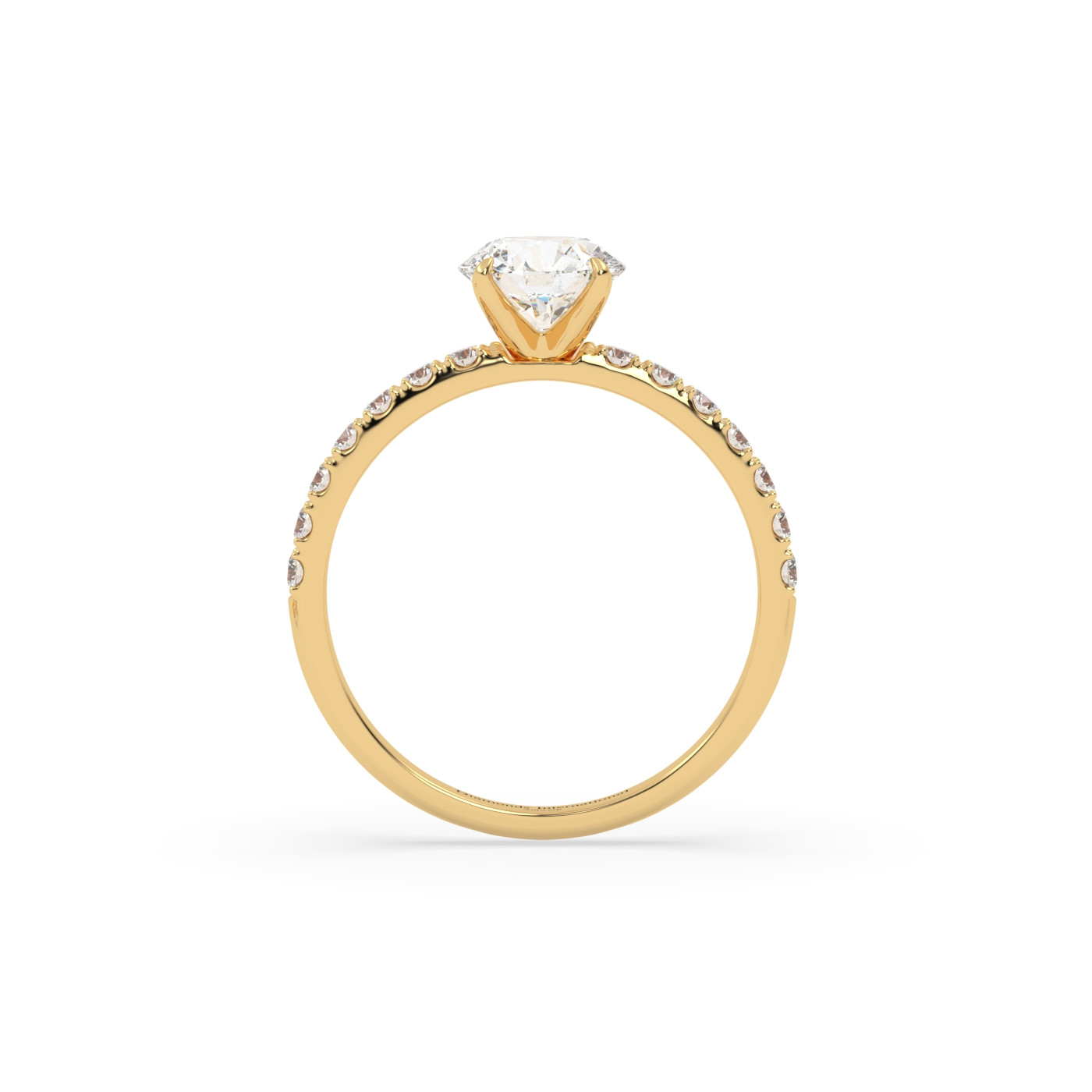 18k yellow gold  round diamond engagament ring with pave band