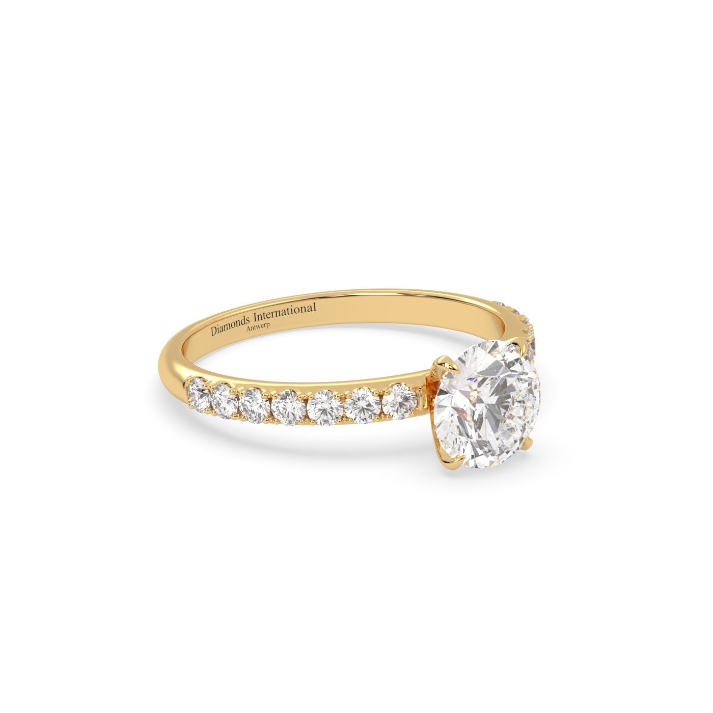 18k yellow gold  round diamond engagament ring with pave band