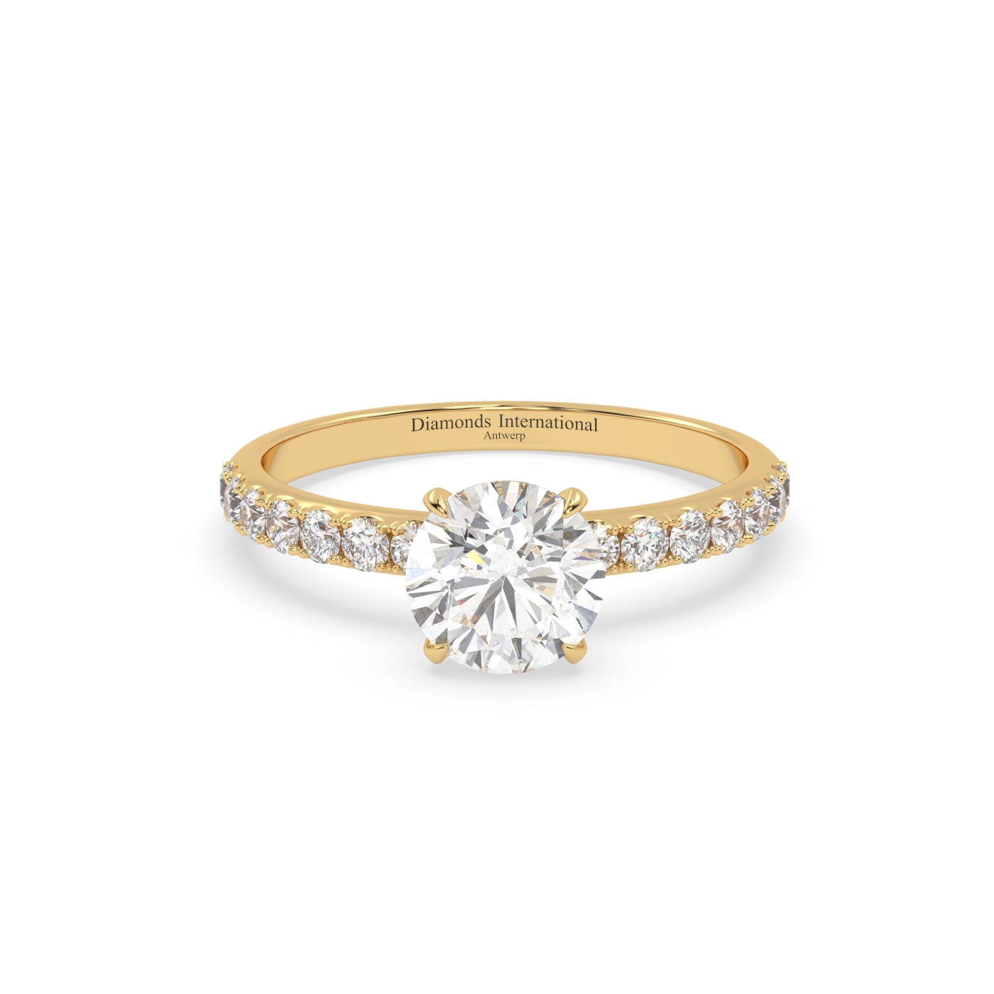 18k yellow gold  round diamond engagament ring with pave band