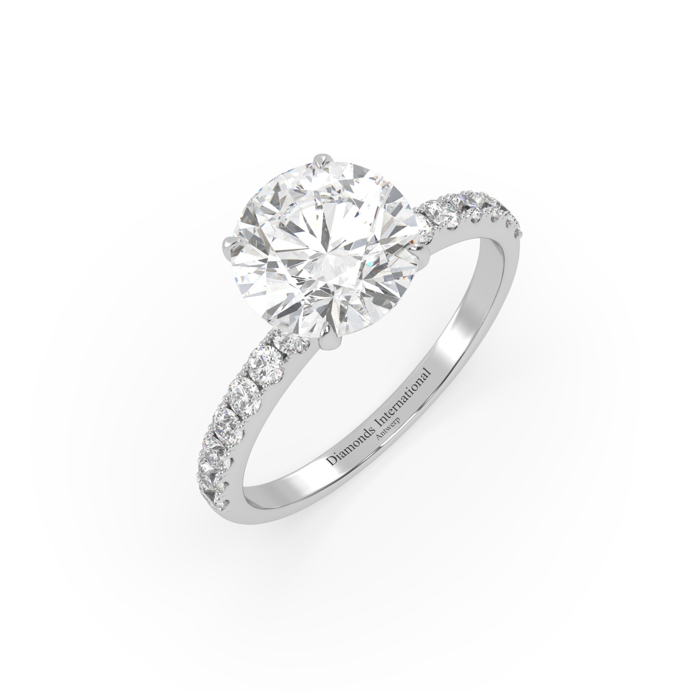 18k white gold  round diamond engagament ring with pave band