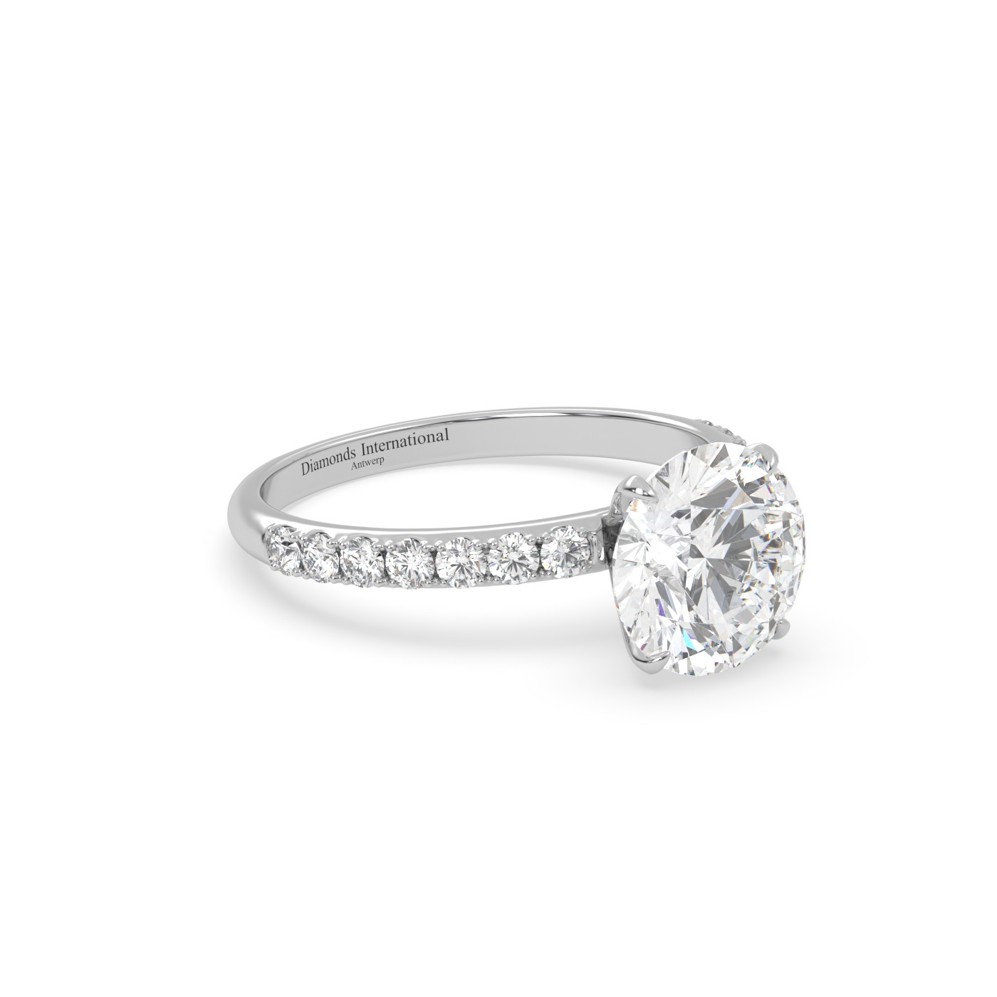 18k white gold  round diamond engagament ring with pave band