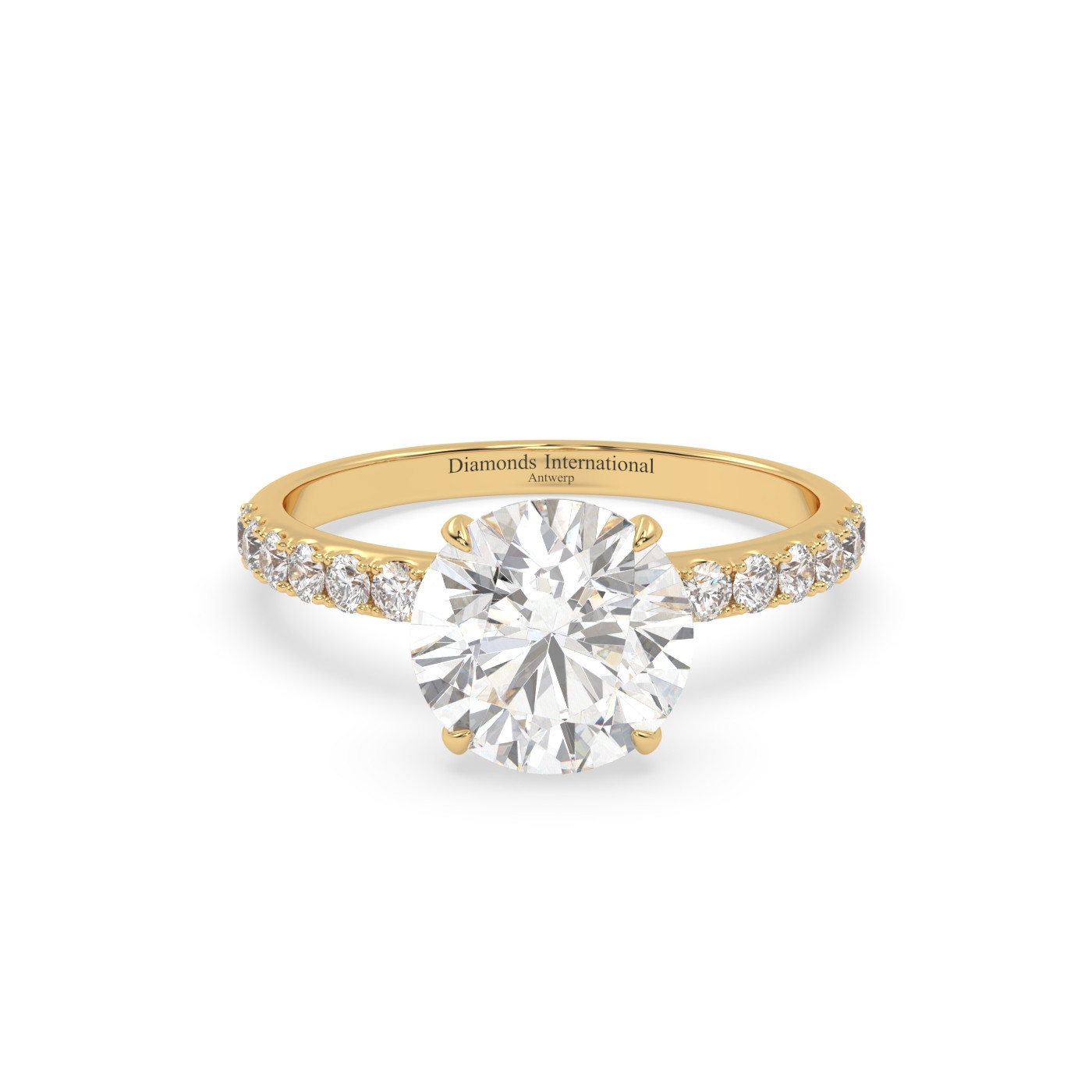 18k yellow gold  round diamond engagament ring with pave band