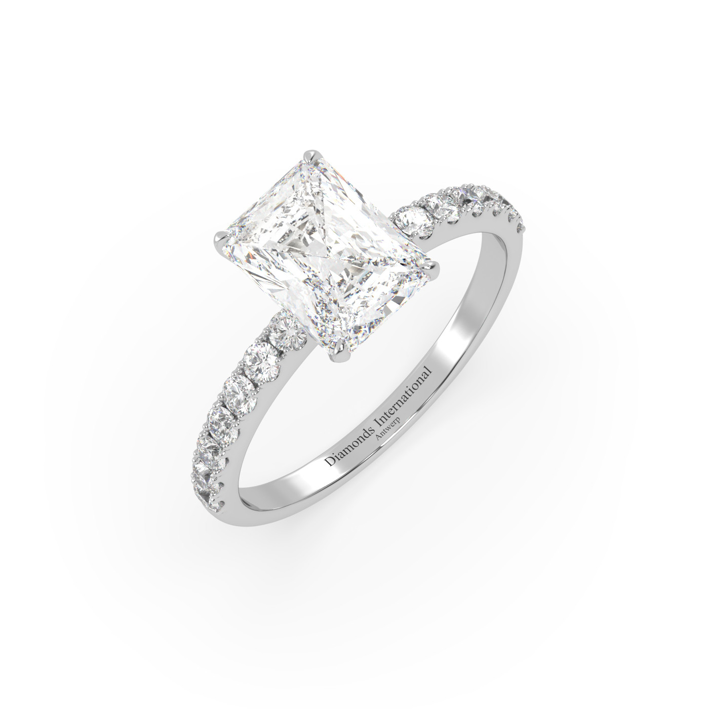 18k white gold  radiant diamond engagament ring with pave band