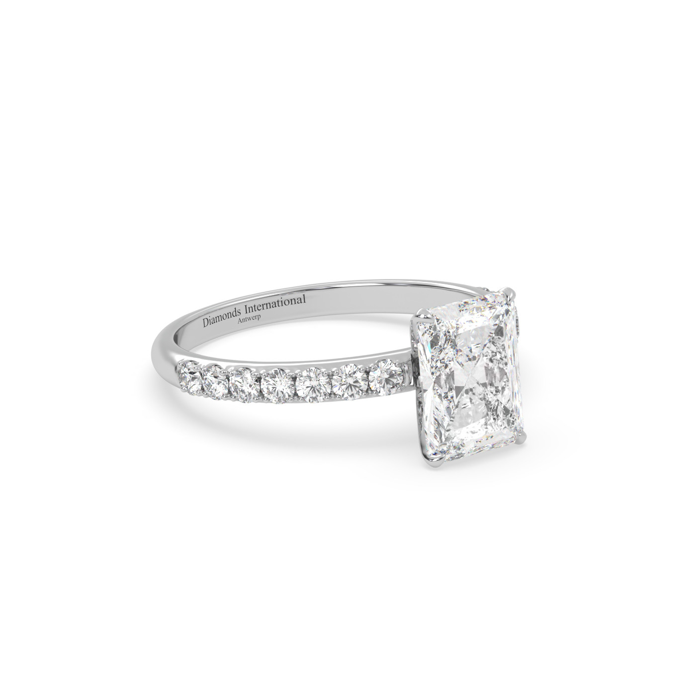 18k white gold  radiant diamond engagament ring with pave band