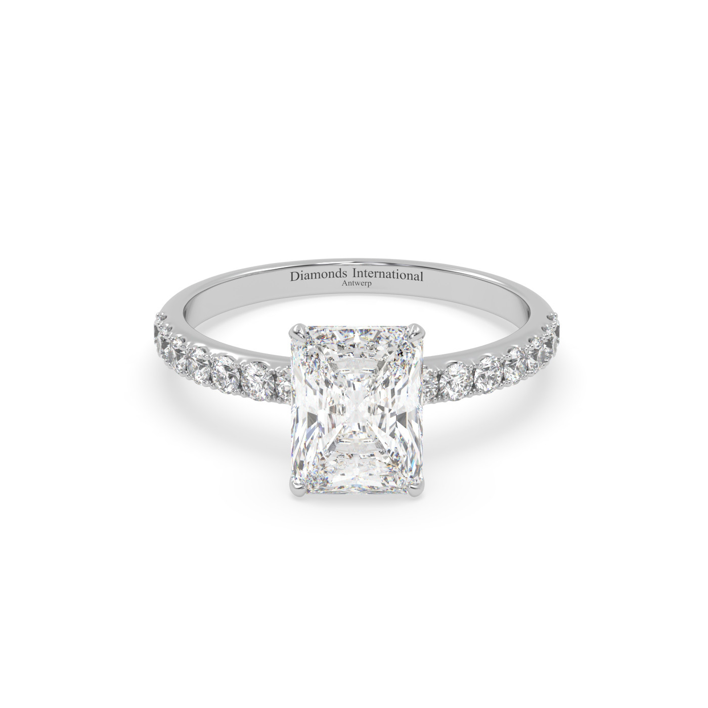 18k white gold  radiant diamond engagament ring with pave band Photos & images