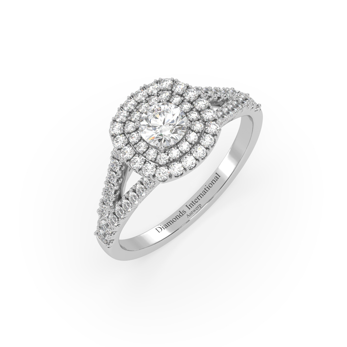 18k or blanc  bague de fiançailles diamant à tige fendue double halo taille ronde