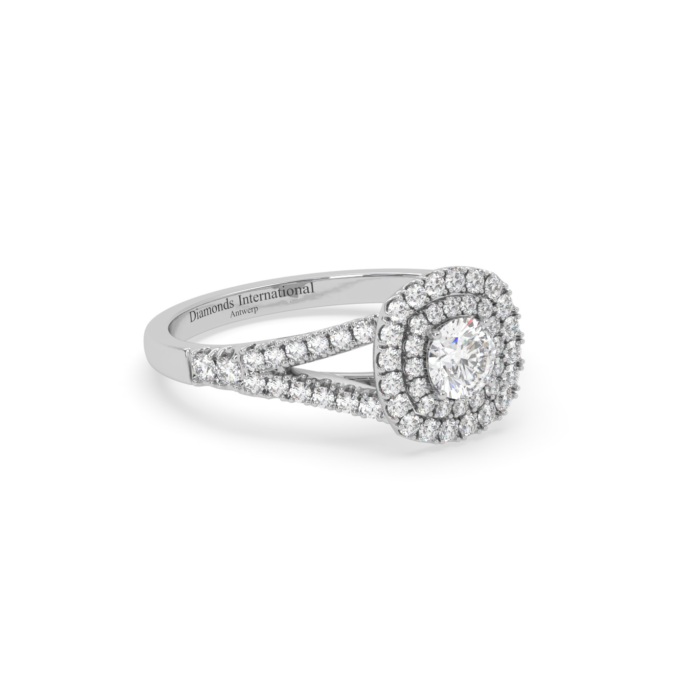 18k or blanc  bague de fiançailles diamant à tige fendue double halo taille ronde