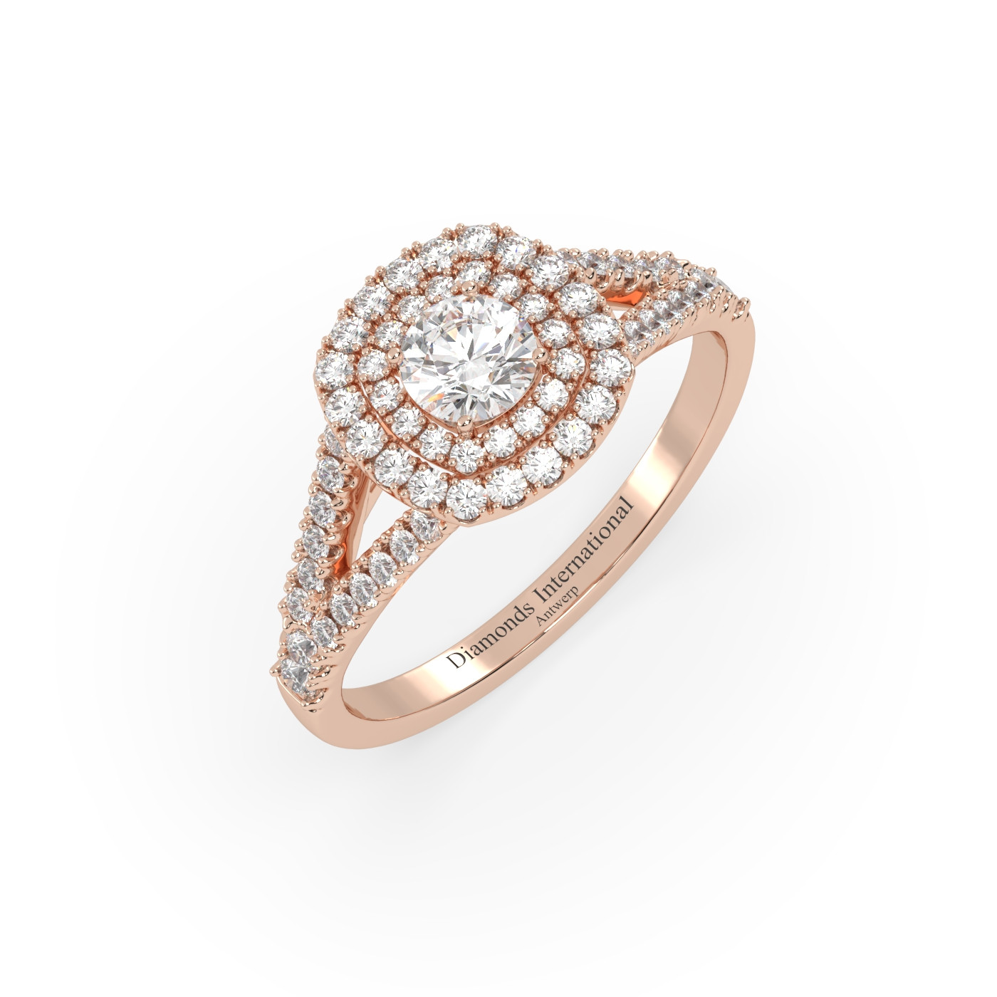 18k or rose  bague de fiançailles diamant à tige fendue double halo taille ronde