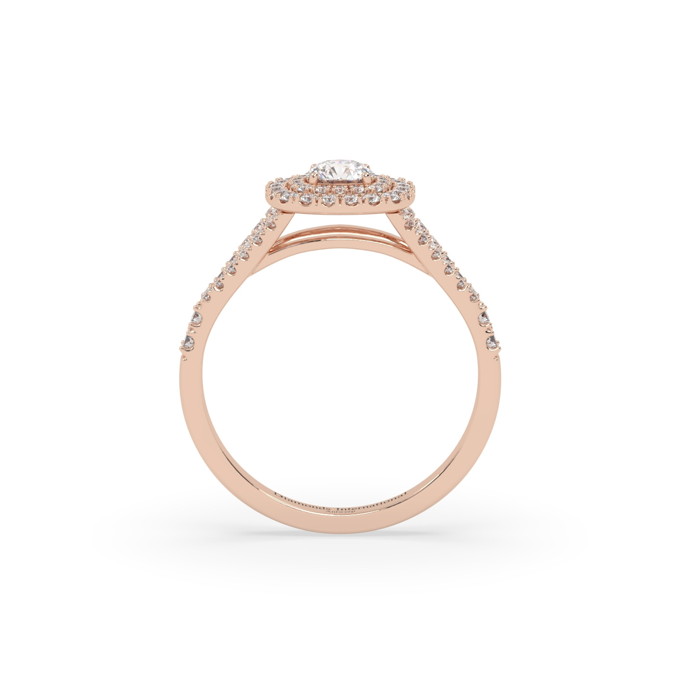 18k or rose  bague de fiançailles diamant à tige fendue double halo taille ronde