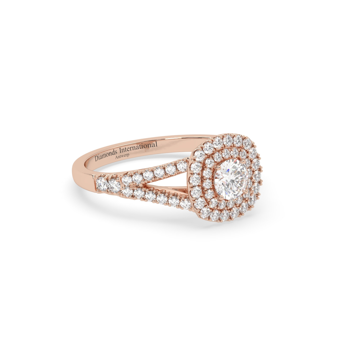 18k or rose  bague de fiançailles diamant à tige fendue double halo taille ronde