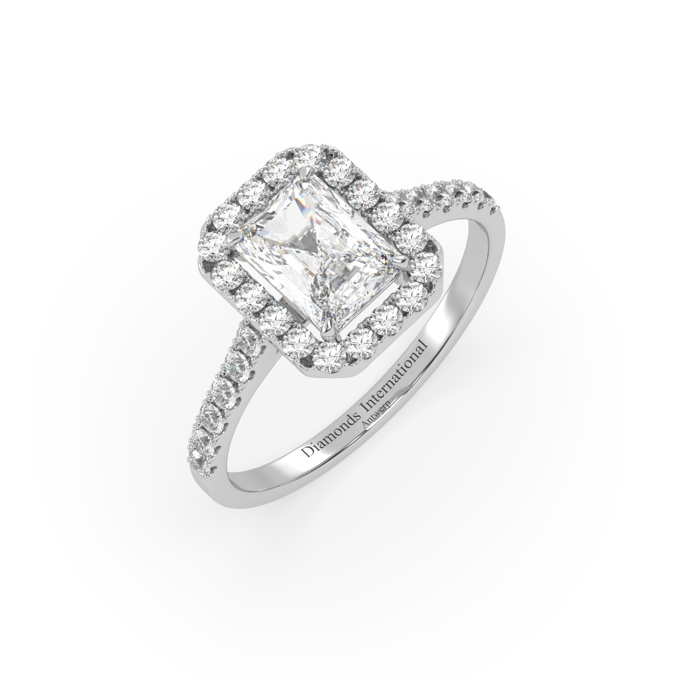 18k or blanc  bague de fiançailles en diamant de style halo taille émeraude avec bande pavée