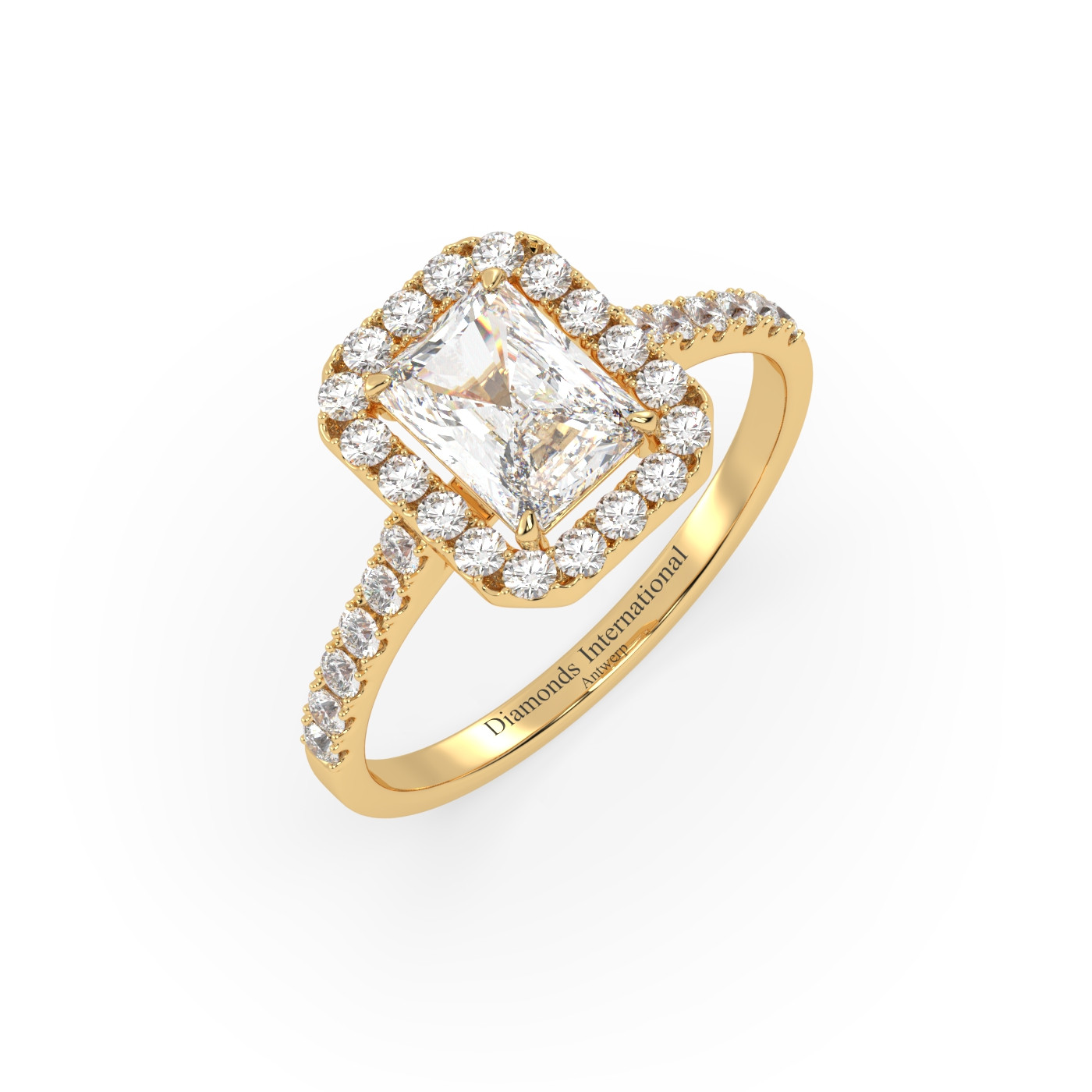 18k or jaune  bague de fiançailles en diamant de style halo taille émeraude avec bande pavée