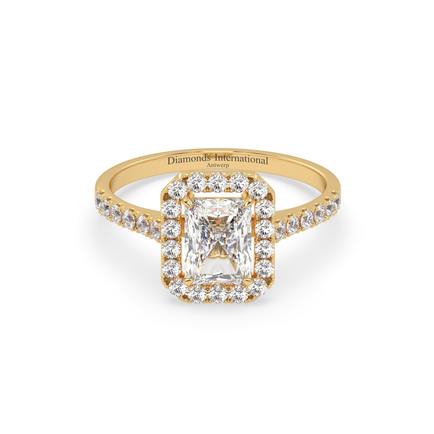 18k or blanc  bague de fiançailles en diamant de style halo taille émeraude avec bande pavée Photos & images