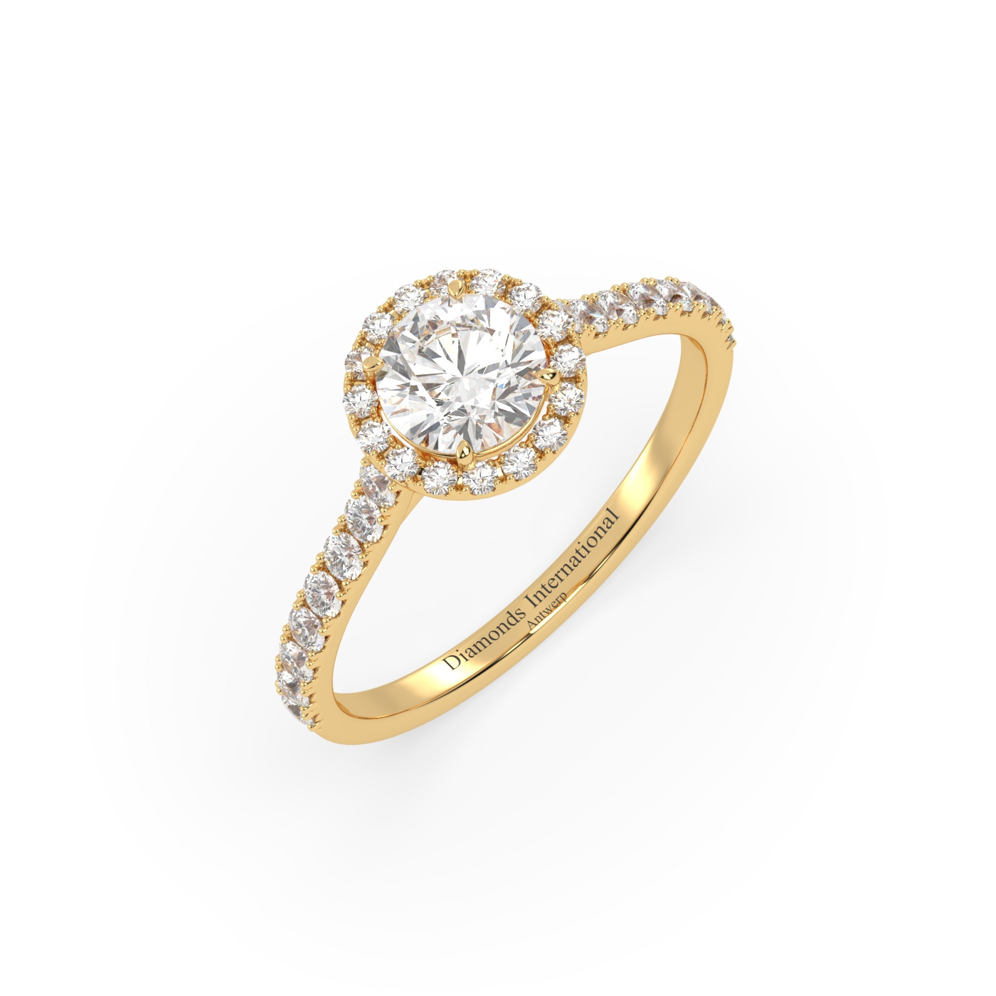 18k yellow gold  round cut halo pave set diamond ring