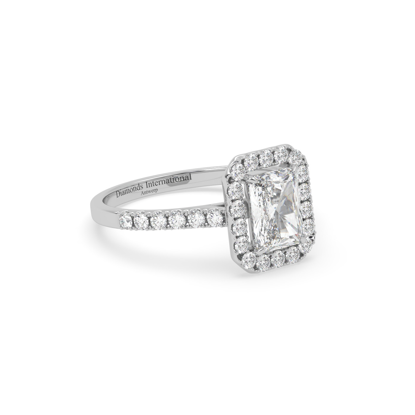 18k white gold  emerald cut halo style diamond engagement ring with pave band