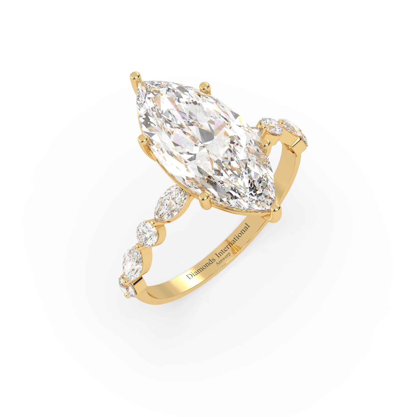 18k yellow gold marquise diamond ring with marquise & round side diamonds