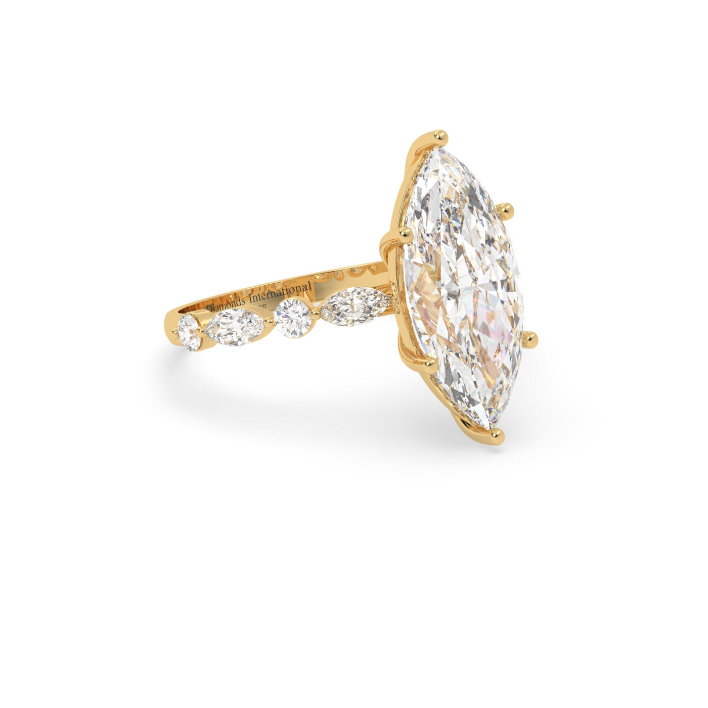 18k yellow gold marquise diamond ring with marquise & round side diamonds