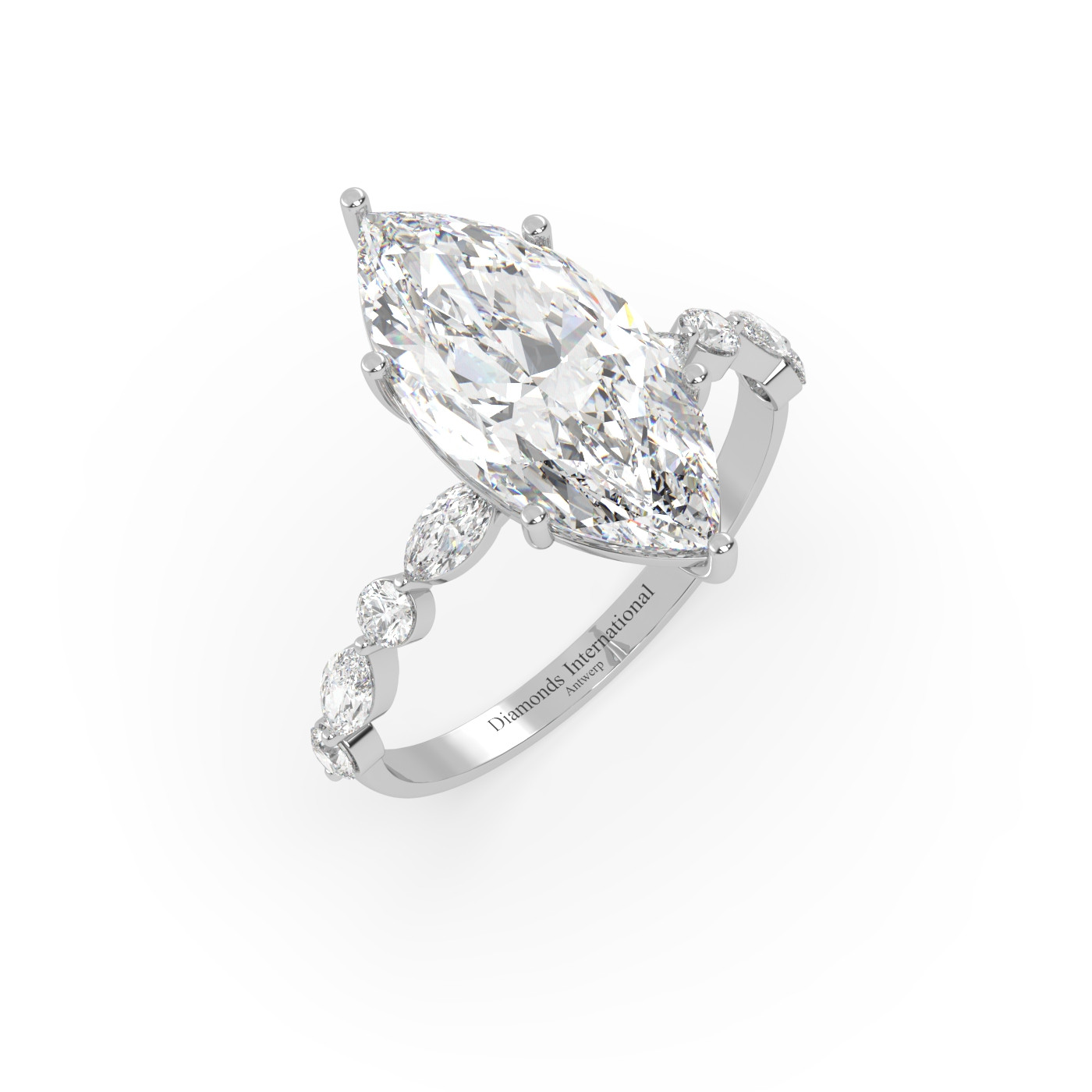 18k white gold marquise diamond ring with marquise & round side diamonds