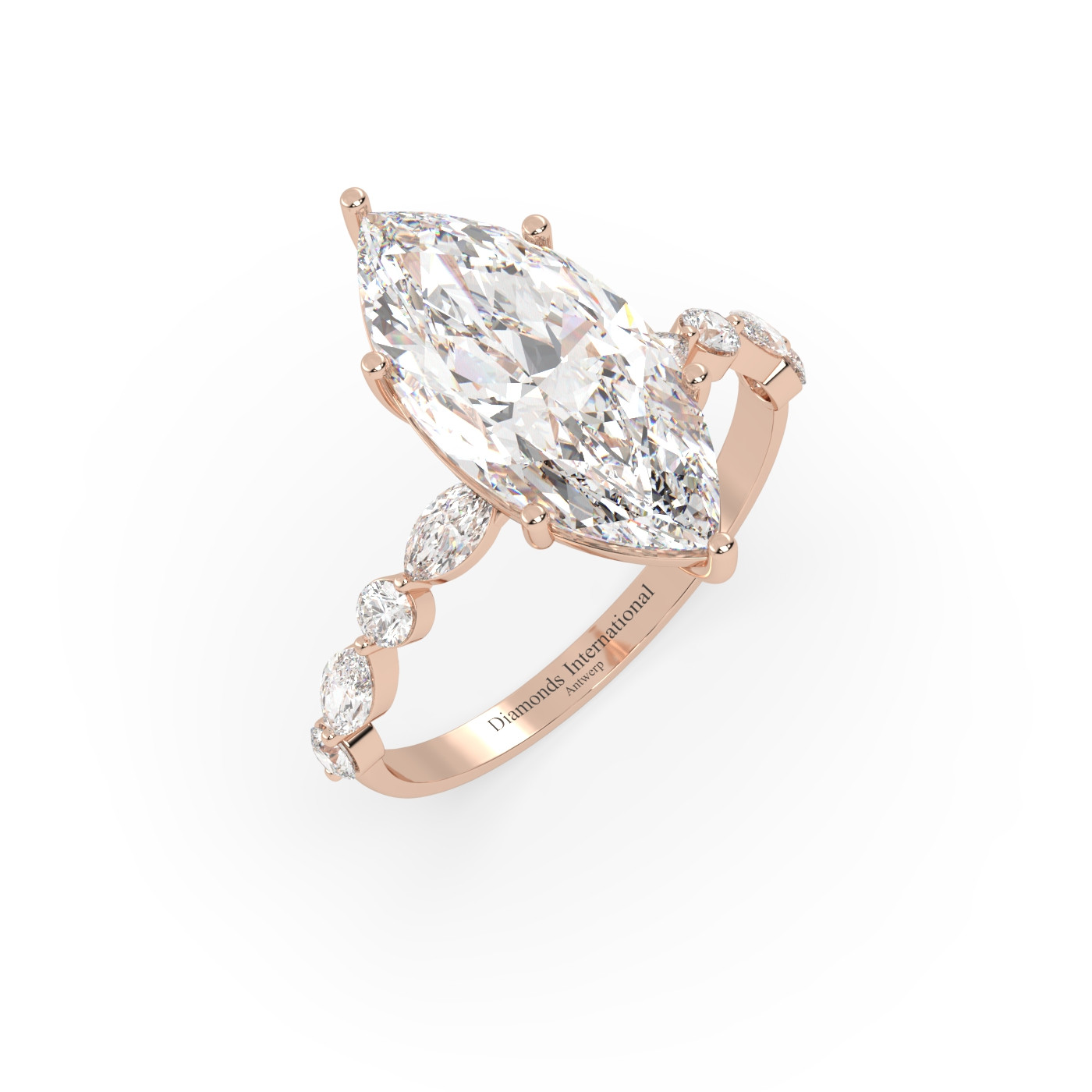 18k rose gold  marquise diamond ring with marquise & round side diamonds