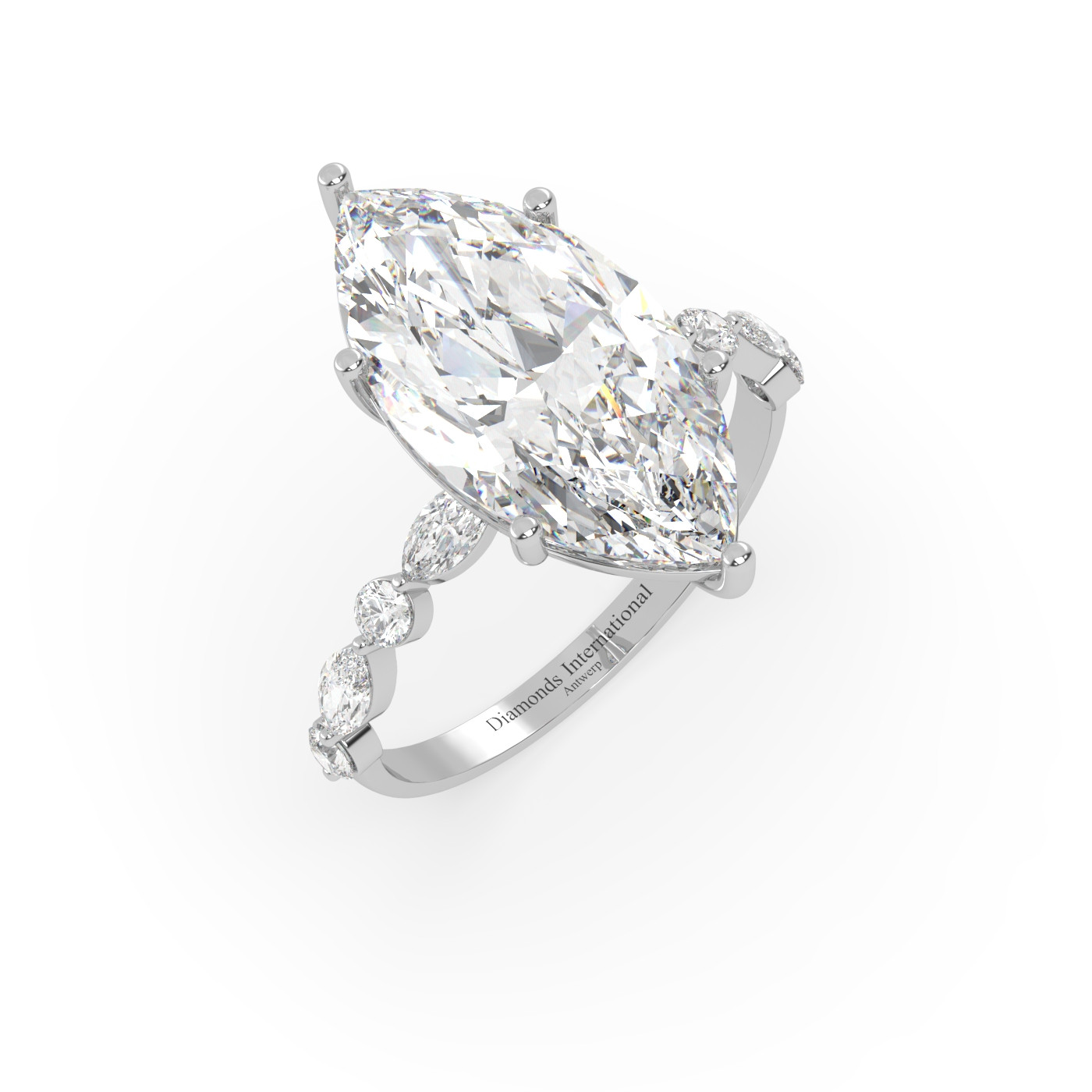 18k white gold  marquise diamond ring with marquise & round side diamonds