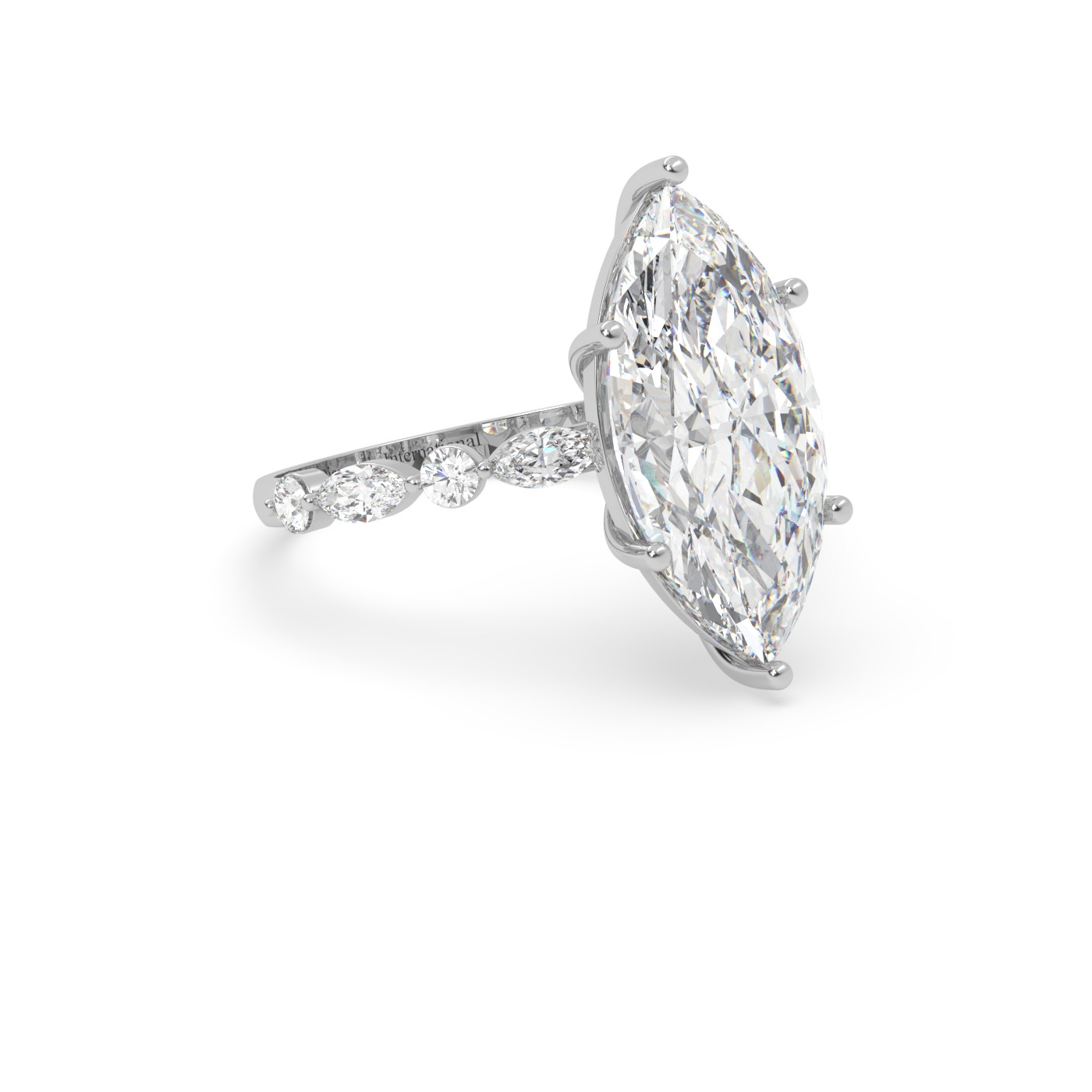 18k white gold  marquise diamond ring with marquise & round side diamonds