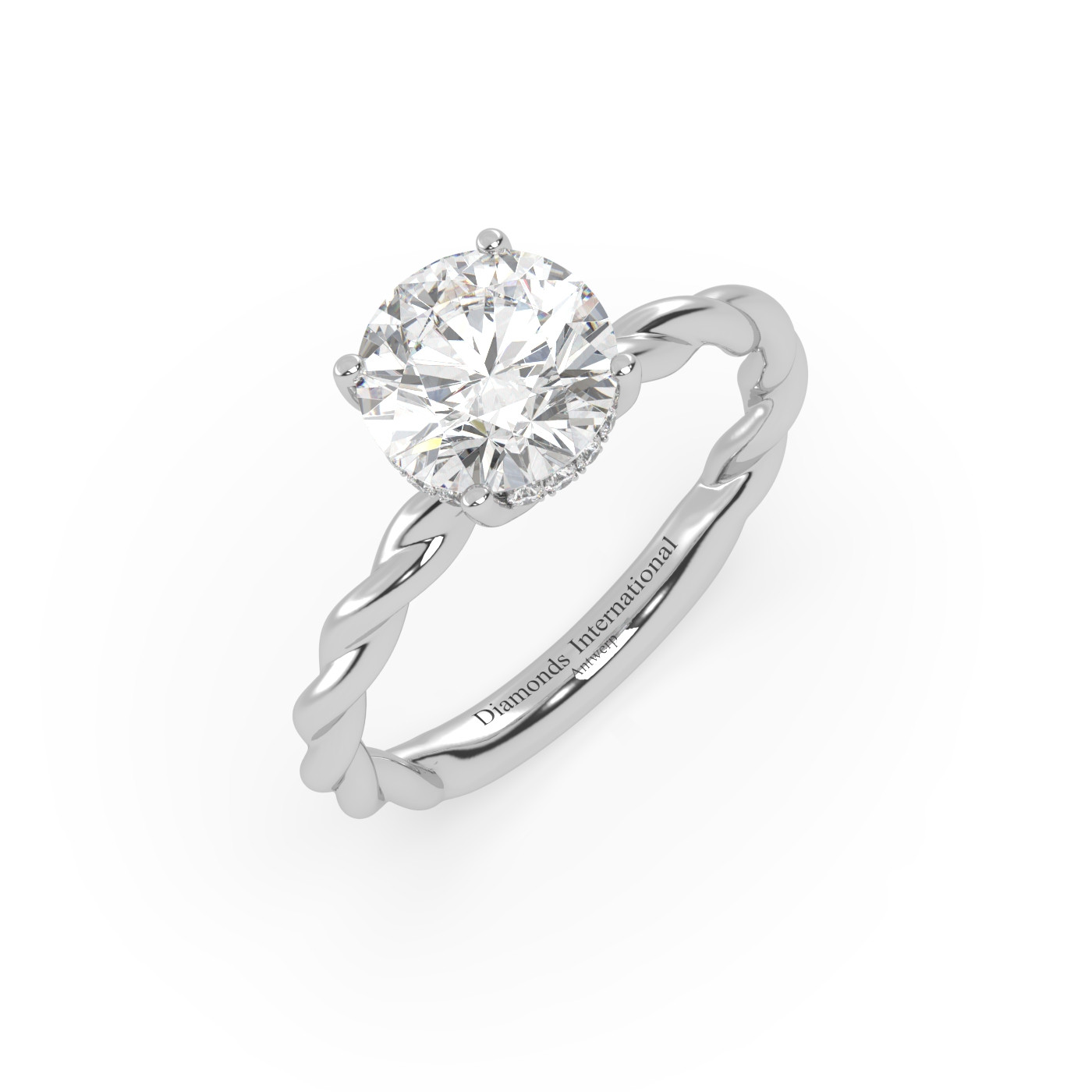 18k white gold  round cut solitaire braided diamond ring